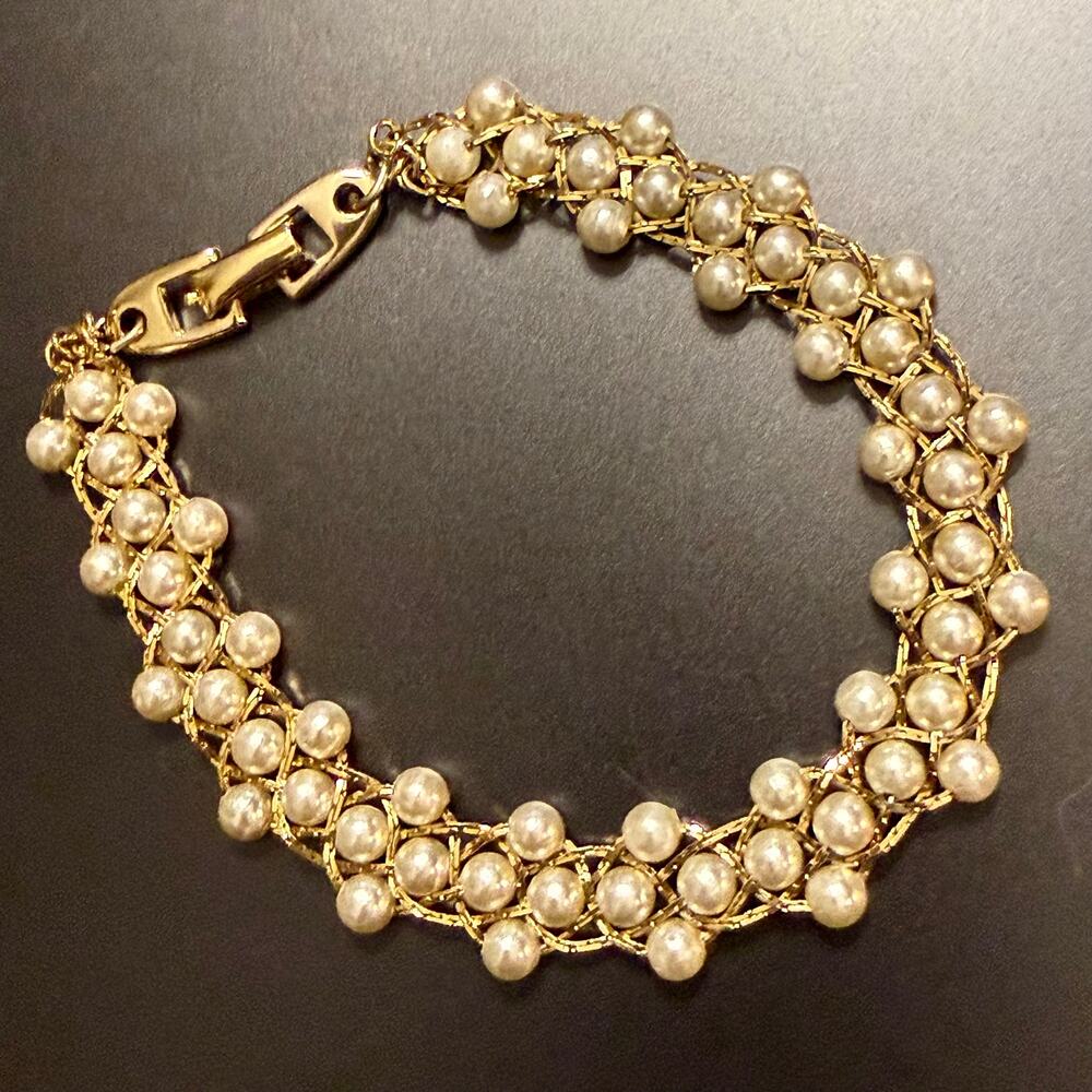 Vintage 1960's Napier Gold Tone Faux Pearl Braided Bracelet